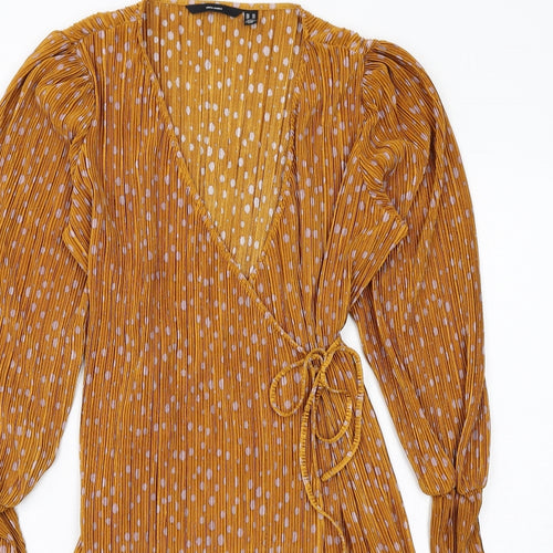 VERO MODA Womens Yellow Polka Dot Polyester Wrap Dress Size XS V-Neck Tie