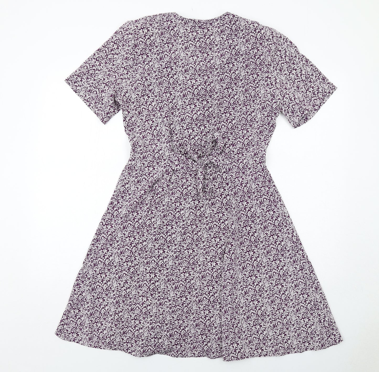 BHS Womens Purple Floral Polyester A-Line Size 12 V-Neck Button