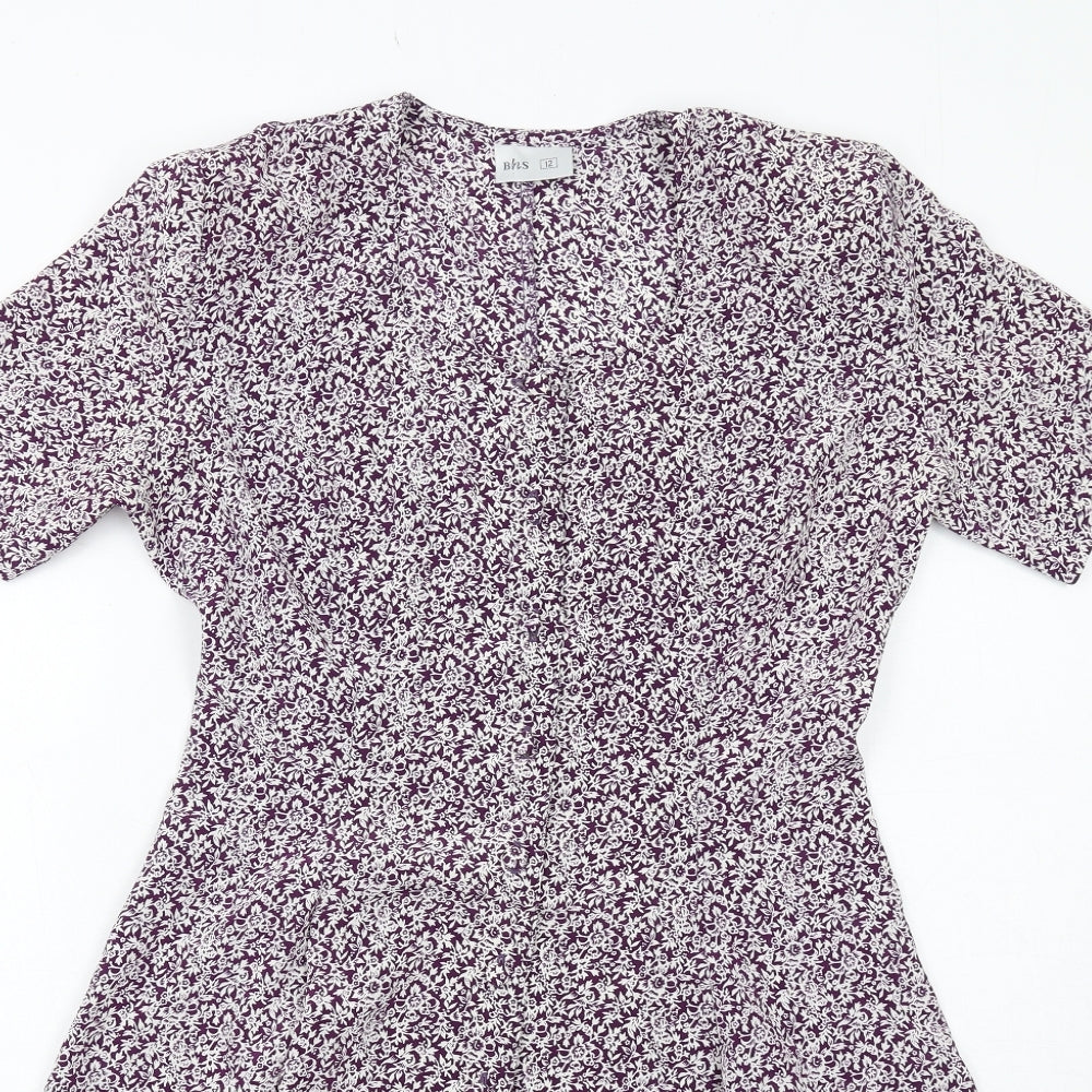 BHS Womens Purple Floral Polyester A-Line Size 12 V-Neck Button