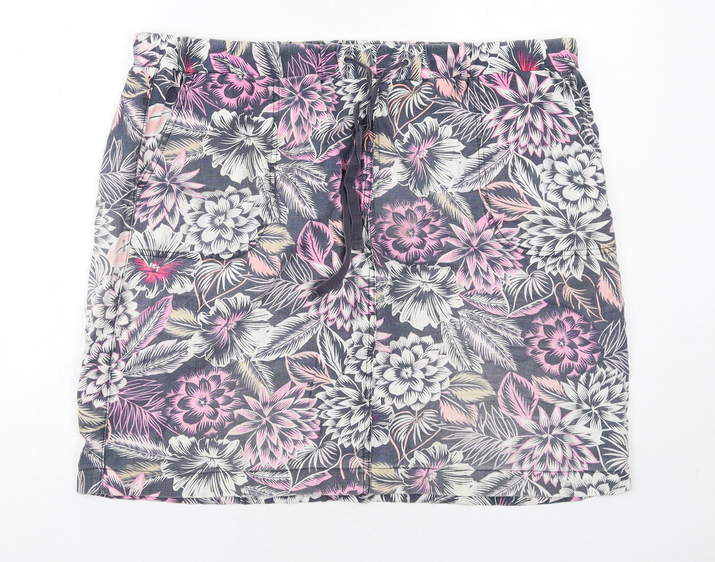 Marks and Spencer Womens Multicoloured Floral Linen A-Line Skirt Size 18 Drawstring