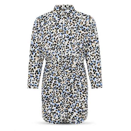 Front view of Quiz women’s multicoloured animal print polyester shirt dress, size UK 12, collared button - leopard pattern