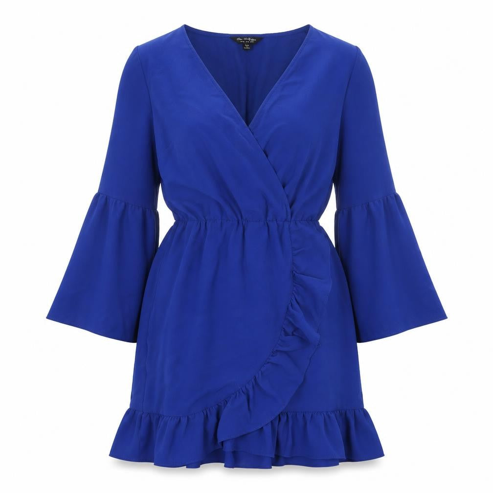 Front view of Miss Selfridge women’s blue polyester a-line, size UK 8, v-neck pullover