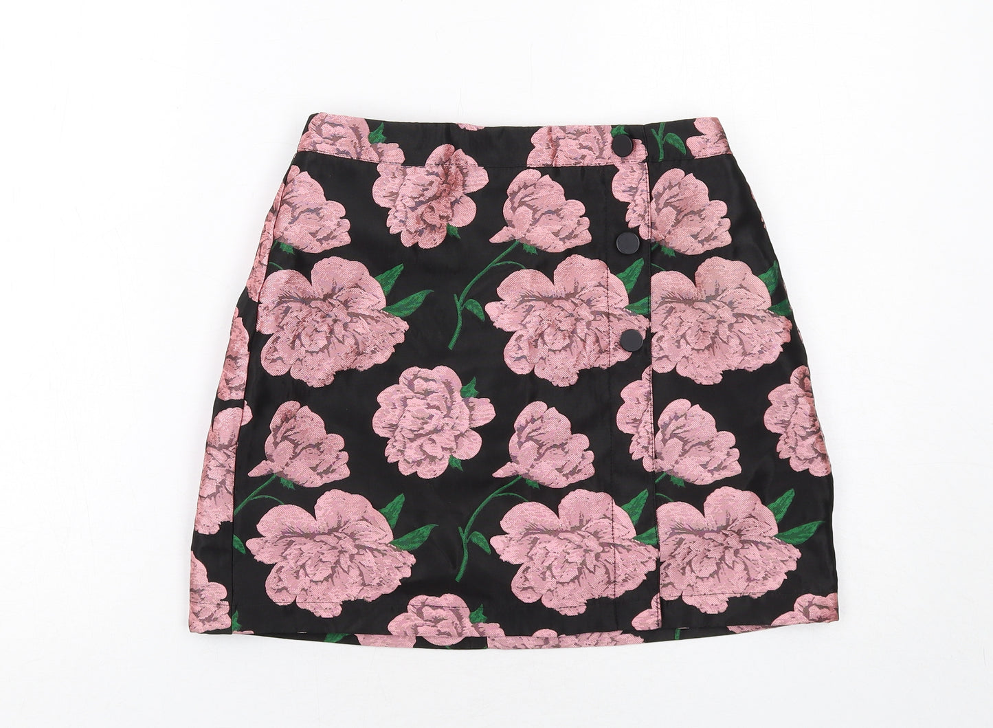 Miss Selfridge Womens Black Floral Polyester A-Line Skirt Size 6 Zip