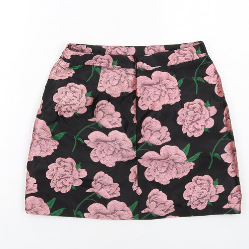 Miss Selfridge Womens Black Floral Polyester A-Line Skirt Size 6 Zip