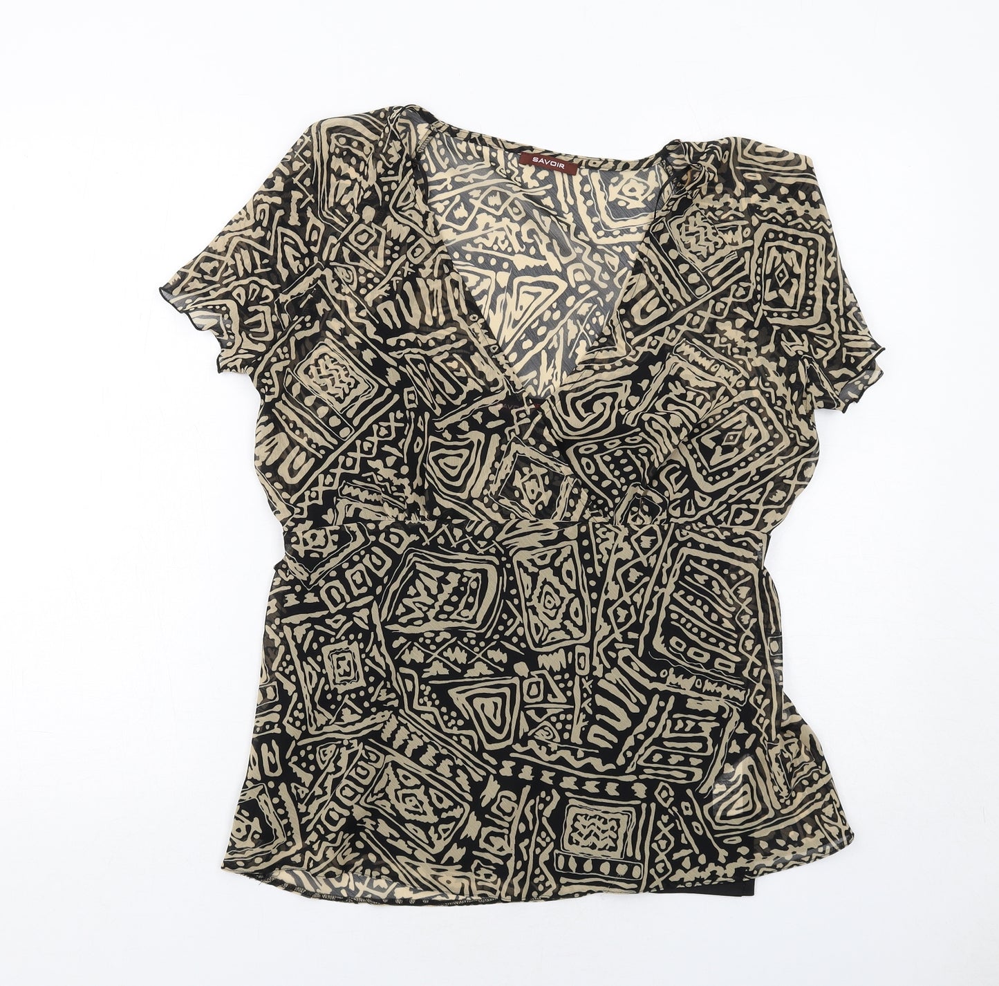 Savoir Womens Black Geometric Polyester Basic Blouse Size 16 V-Neck
