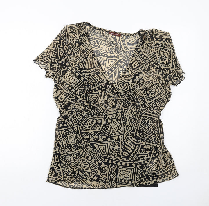 Savoir Womens Black Geometric Polyester Basic Blouse Size 16 V-Neck