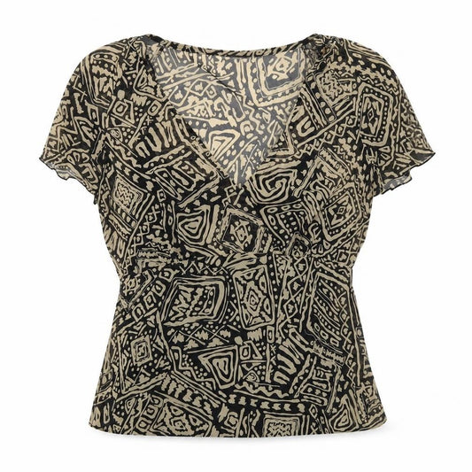 Front view of Savoir women’s black geometric polyester basic blouse, size UK 16, v-neck