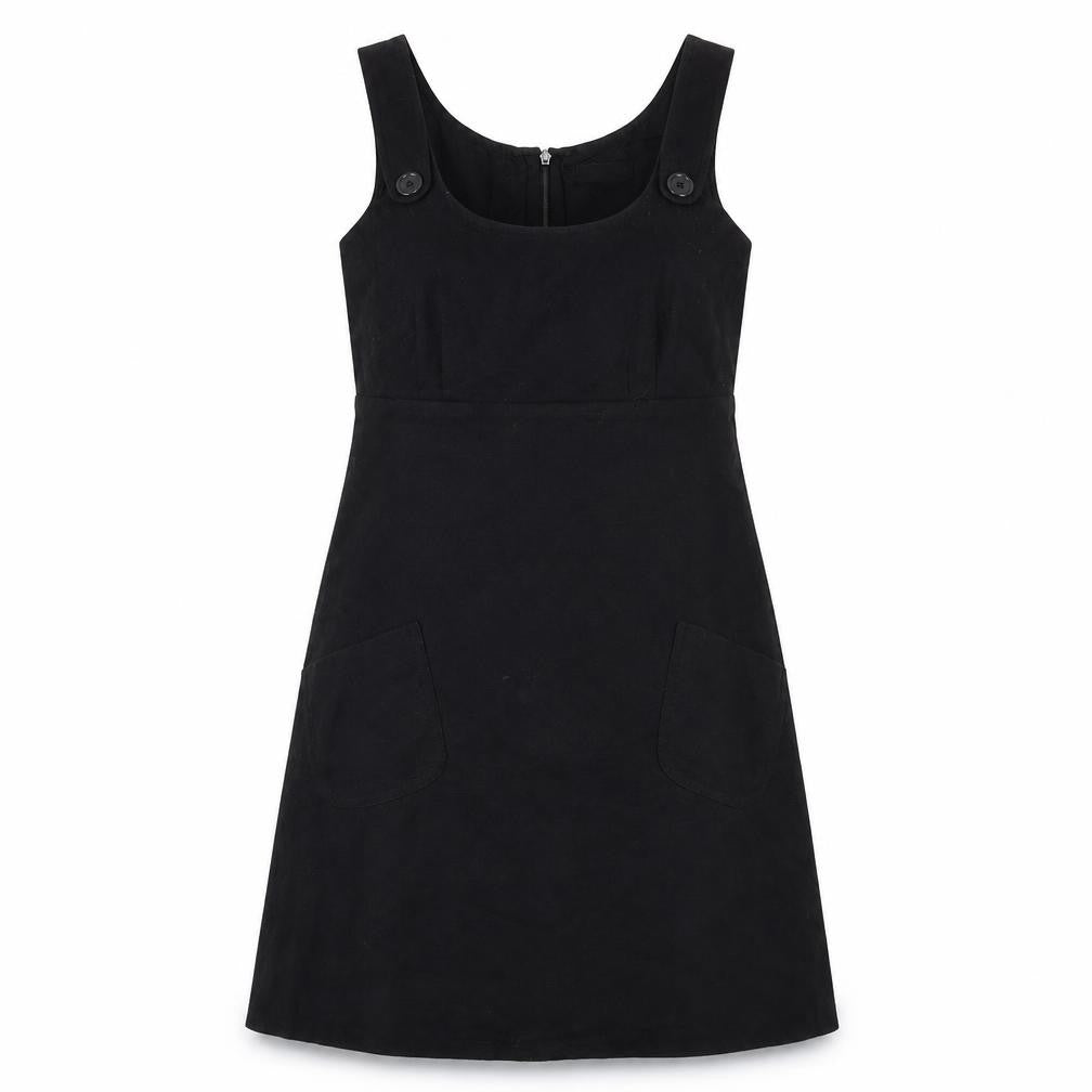 Front view of Warehouse women’s black polyester a-line, size UK 10, scoop neck zip