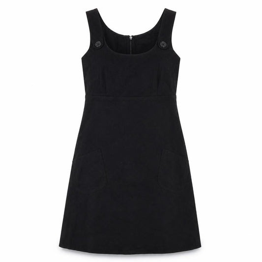 Front view of Warehouse women’s black polyester a-line, size UK 10, scoop neck zip