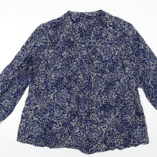 EWM Womens Blue Floral Cotton Basic Button-Up Size 18 V-Neck