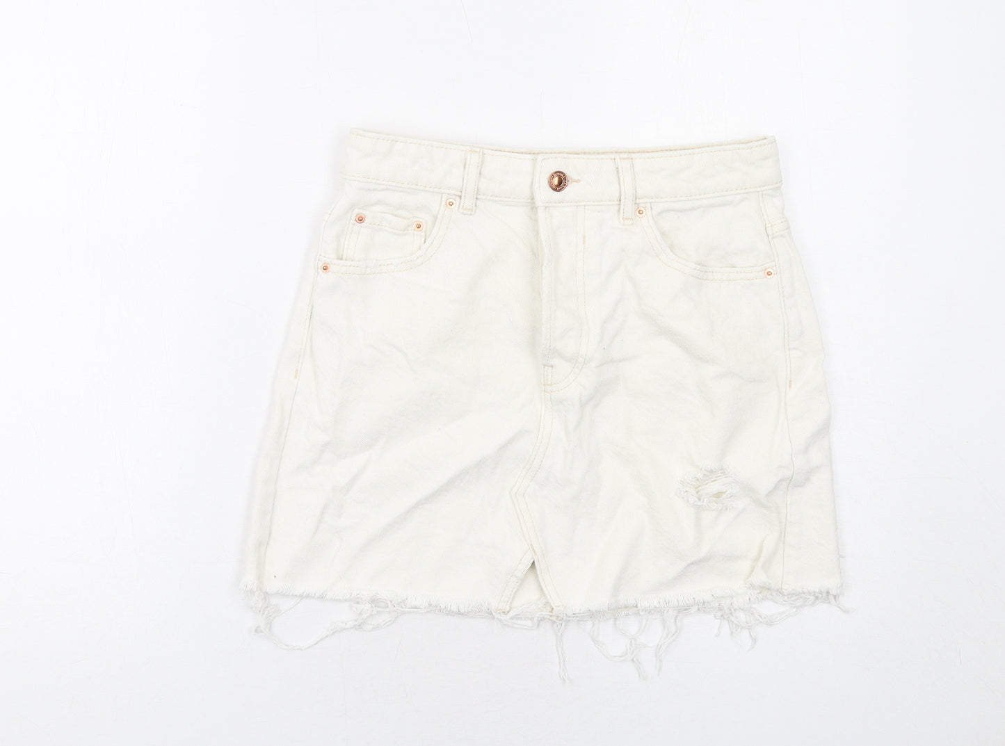 Bershka Womens Ivory Cotton A-Line Skirt Size 8 Button