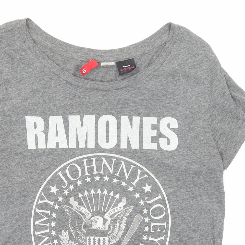 Divided by H&M Womens Grey Cotton Basic T-Shirt Size 10 Boat Neck - Ramones