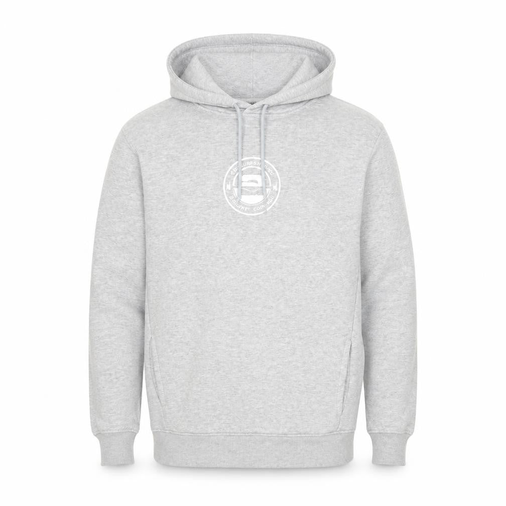 Front view of B&C men’s grey cotton pullover hoodie, size S