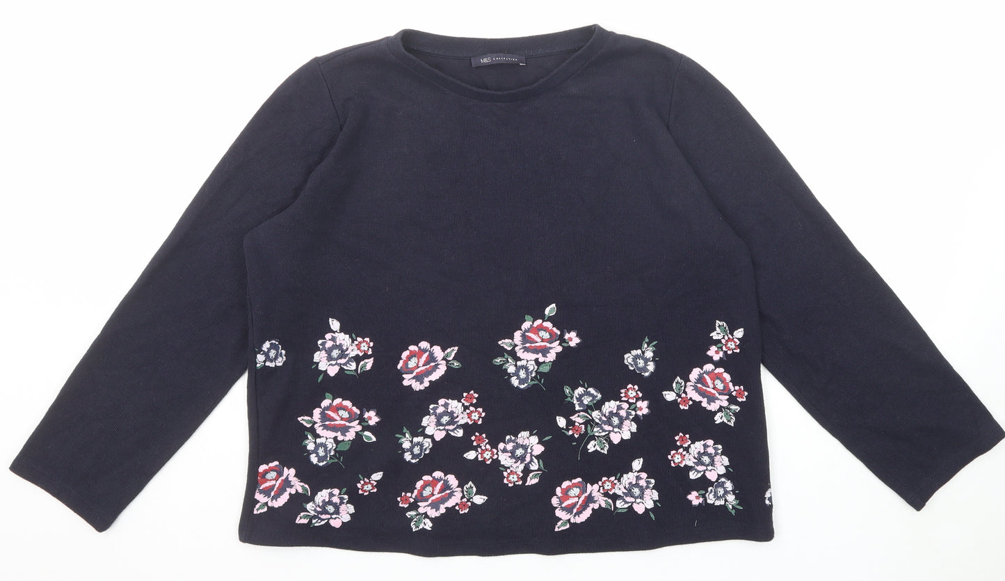 Marks and Spencer Womens Blue Round Neck Floral Polyester Pullover Jumper Size 14