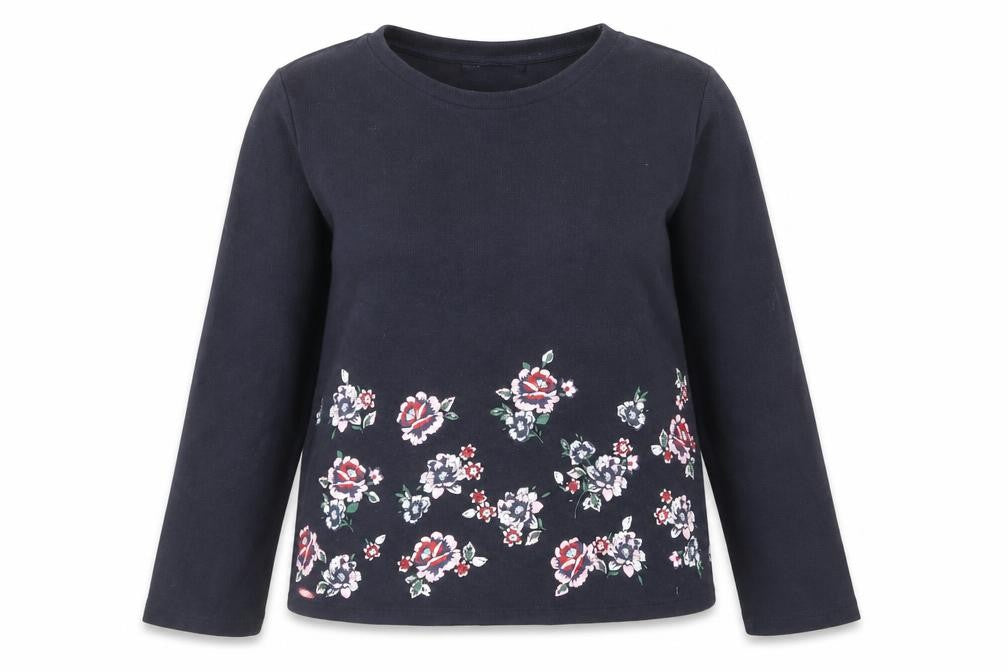 Front view of Marks & Spencer women’s blue round neck floral polyester jumper, size UK 14