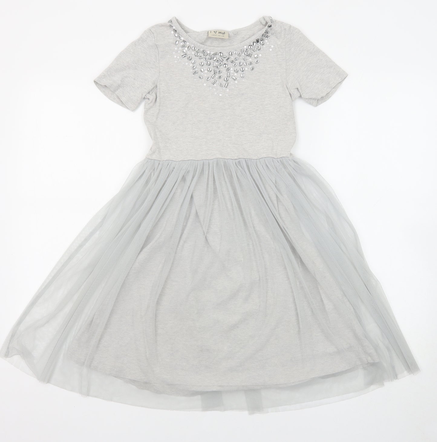 NEXT Girls Grey Cotton Fit & Flare Size 8 Years Boat Neck Pullover - Embellished Neckline