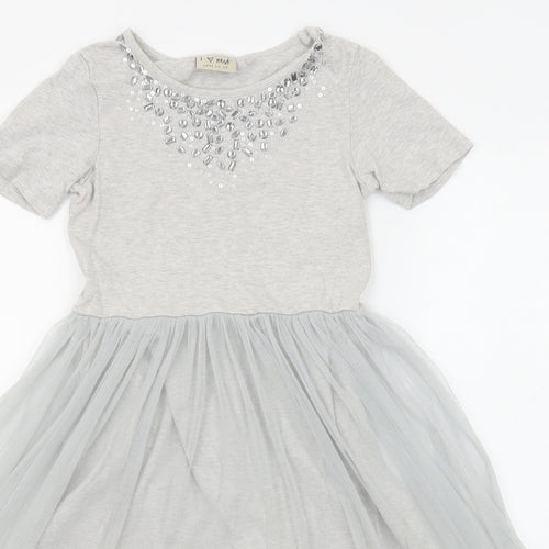 NEXT Girls Grey Cotton Fit & Flare Size 8 Years Boat Neck Pullover - Embellished Neckline