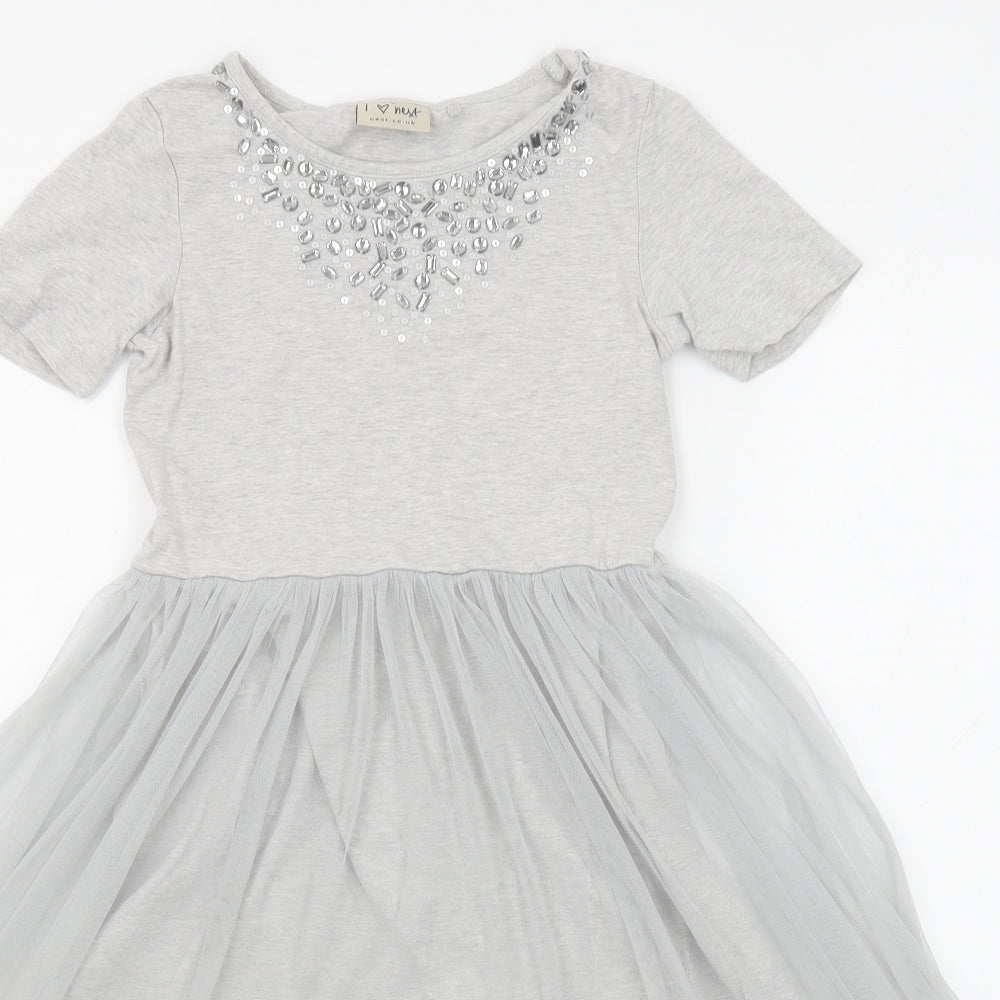 NEXT Girls Grey Cotton Fit & Flare Size 8 Years Boat Neck Pullover - Embellished Neckline