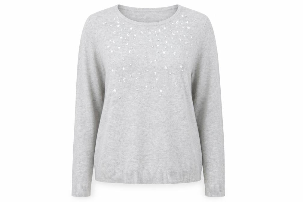 Front view of Bonmarché women’s grey round neck viscose jumper, size UK 14