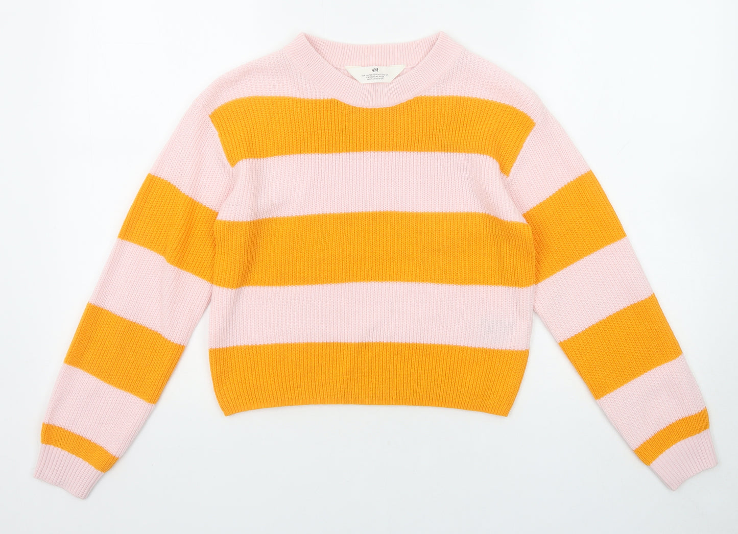 H&M Girls Orange Round Neck Striped Acrylic Pullover Jumper Size 10-11 Years Pullover