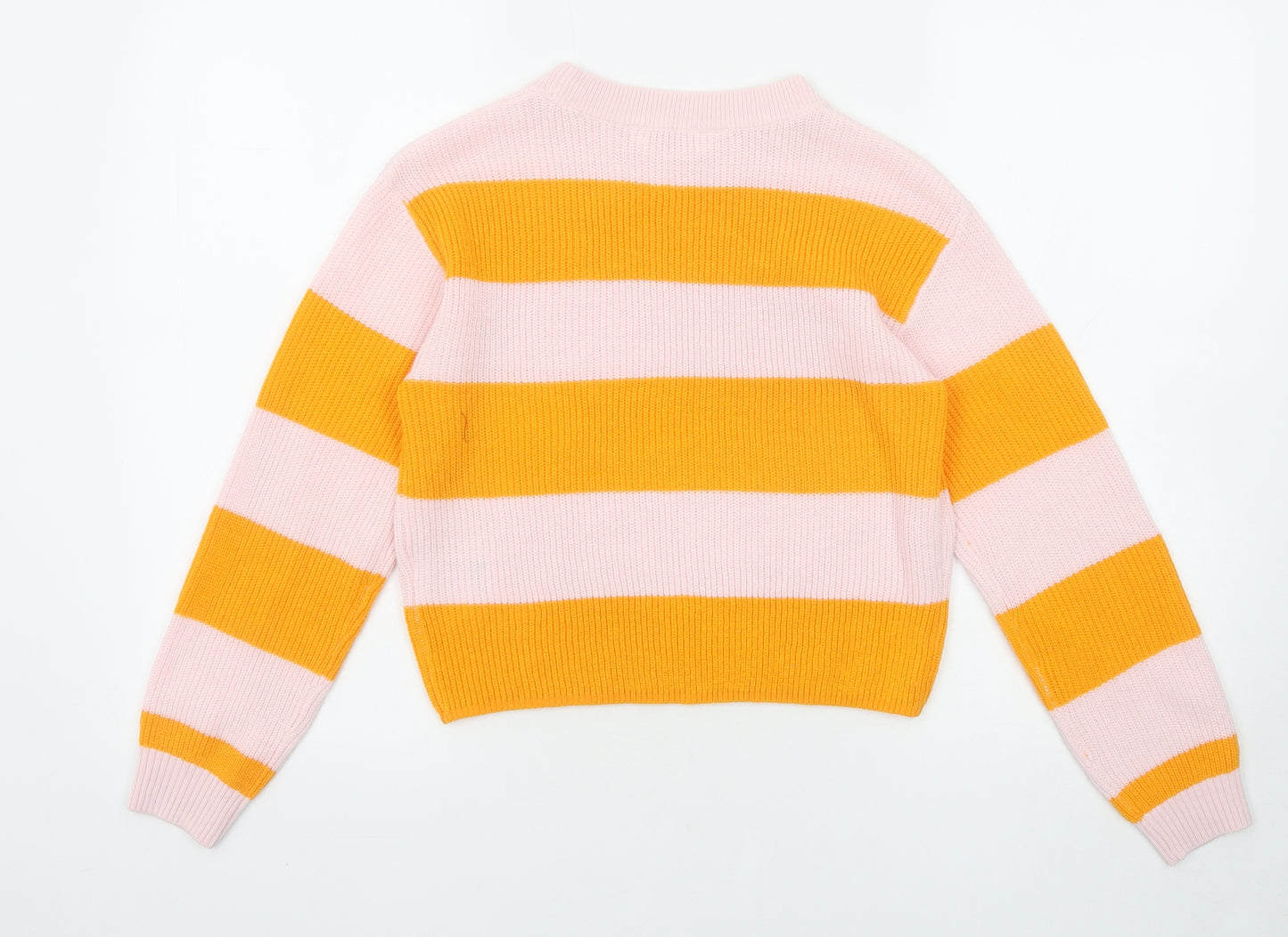 H&M Girls Orange Round Neck Striped Acrylic Pullover Jumper Size 10-11 Years Pullover