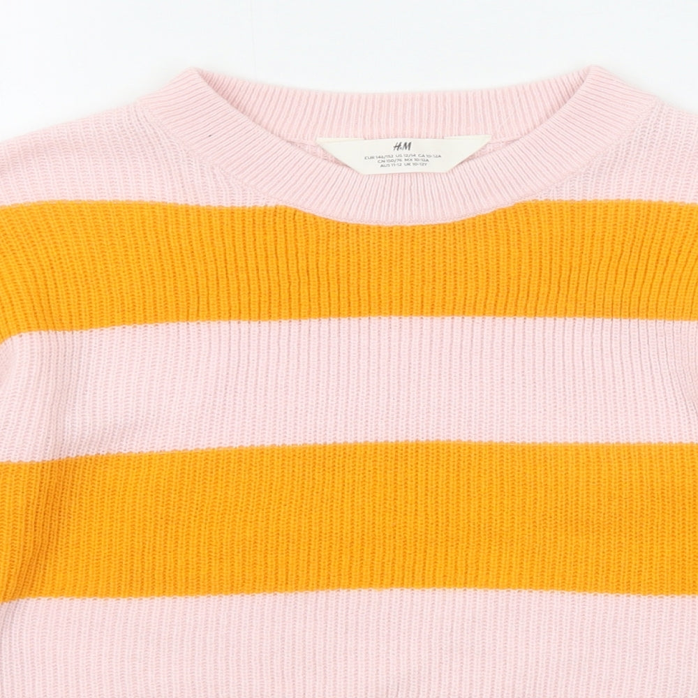 H&M Girls Orange Round Neck Striped Acrylic Pullover Jumper Size 10-11 Years Pullover