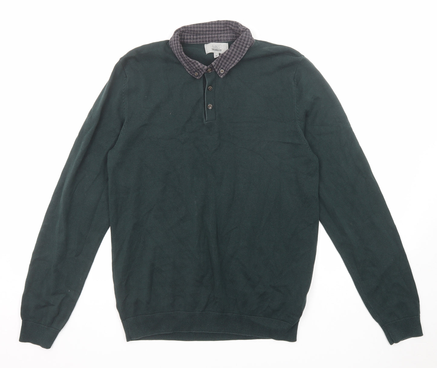 Marks and Spencer Mens Green Cotton Polo Size L Collared Button