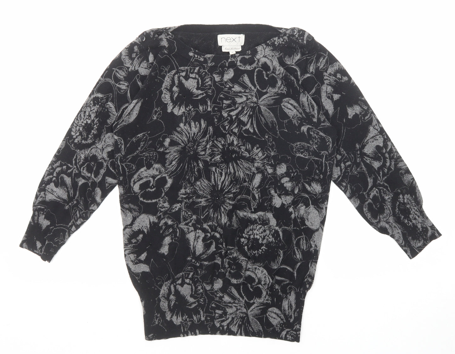 NEXT Womens Black Round Neck Floral Cotton Pullover Jumper Size 8