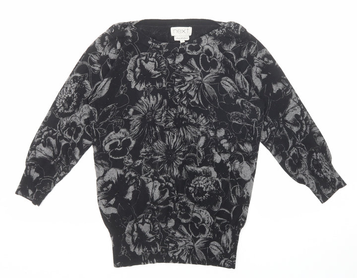 NEXT Womens Black Round Neck Floral Cotton Pullover Jumper Size 8