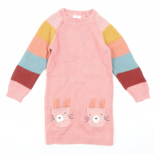 NEXT Girls Pink Round Neck Striped Cotton Pullover Jumper Size 3-4 Years Pullover - Rabbit Pattern