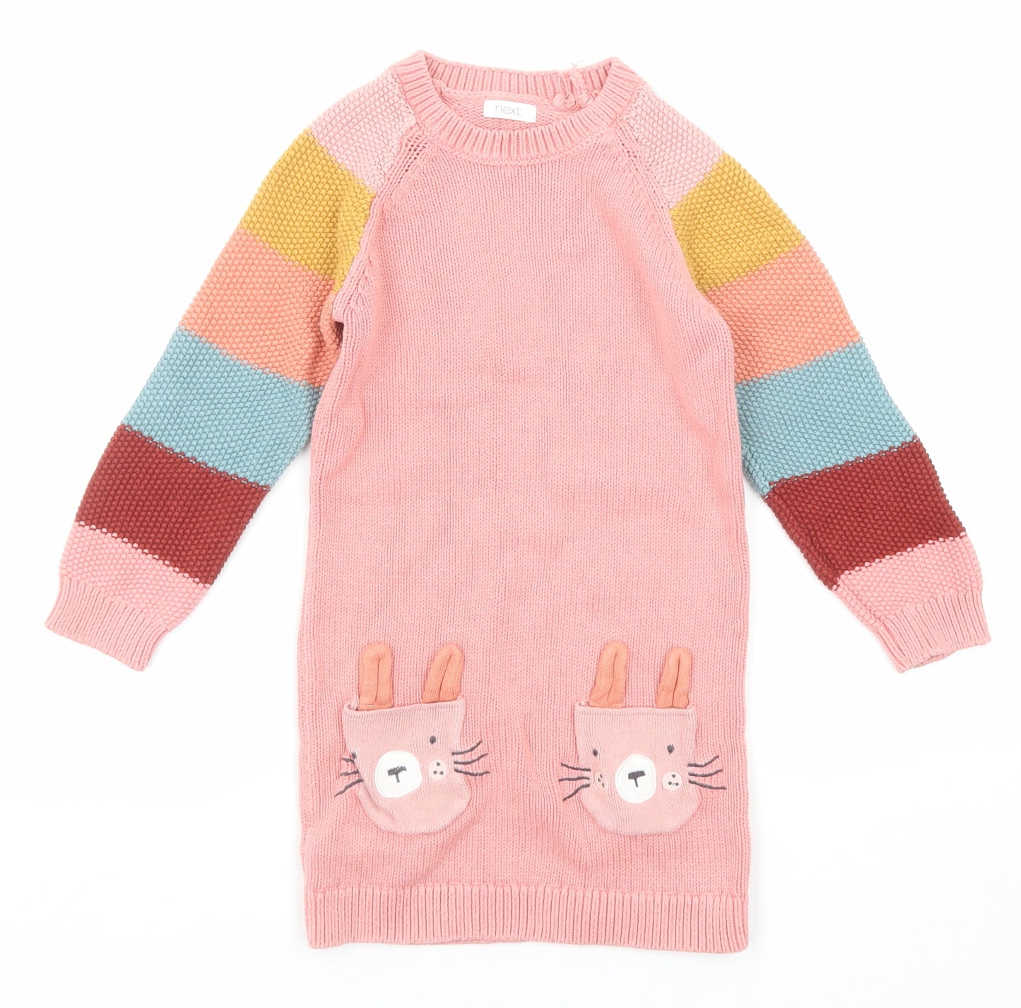 NEXT Girls Pink Round Neck Striped Cotton Pullover Jumper Size 3-4 Years Pullover - Rabbit Pattern