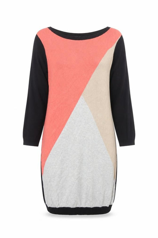 Front view of BHS women’s multicoloured colourblock viscose jumper dress, size UK 10, round neck pullover