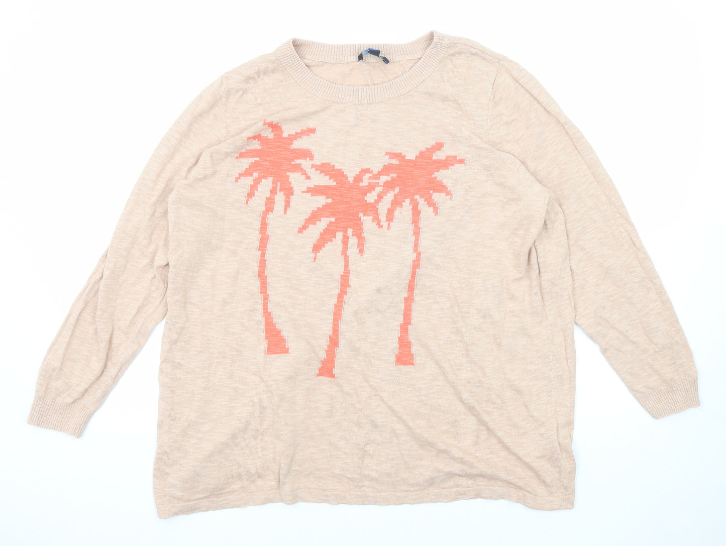 D&Co. Womens Pink Round Neck Cotton Pullover Jumper Size 2XL - Palm Tree