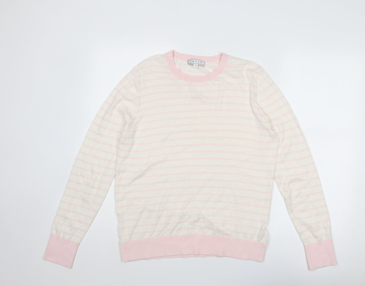 Truly Womens Beige Round Neck Striped Cotton Pullover Jumper Size M