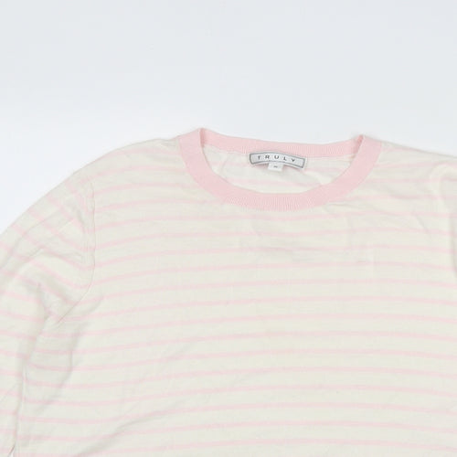 Truly Womens Beige Round Neck Striped Cotton Pullover Jumper Size M