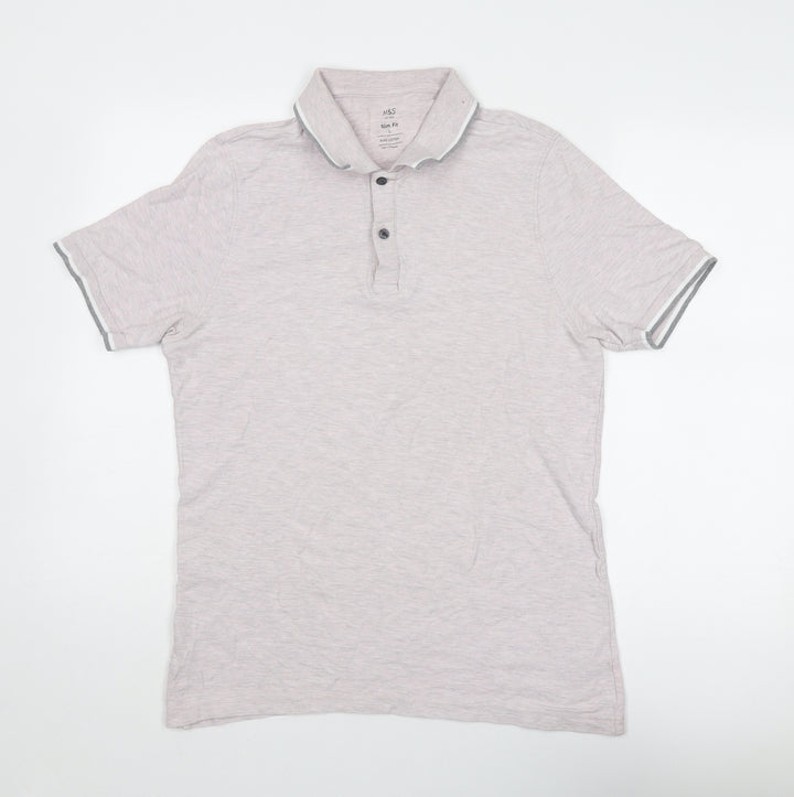 Marks and Spencer Mens Pink Cotton Polo Size L Collared Button