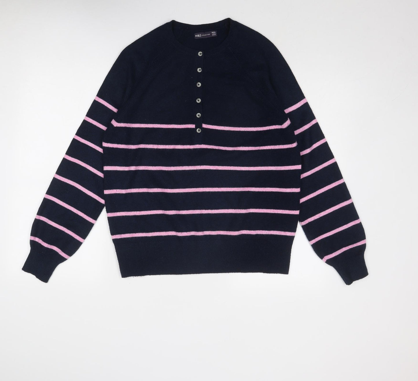 Marks and Spencer Womens Blue Round Neck Striped Polyester Pullover Jumper Size XS