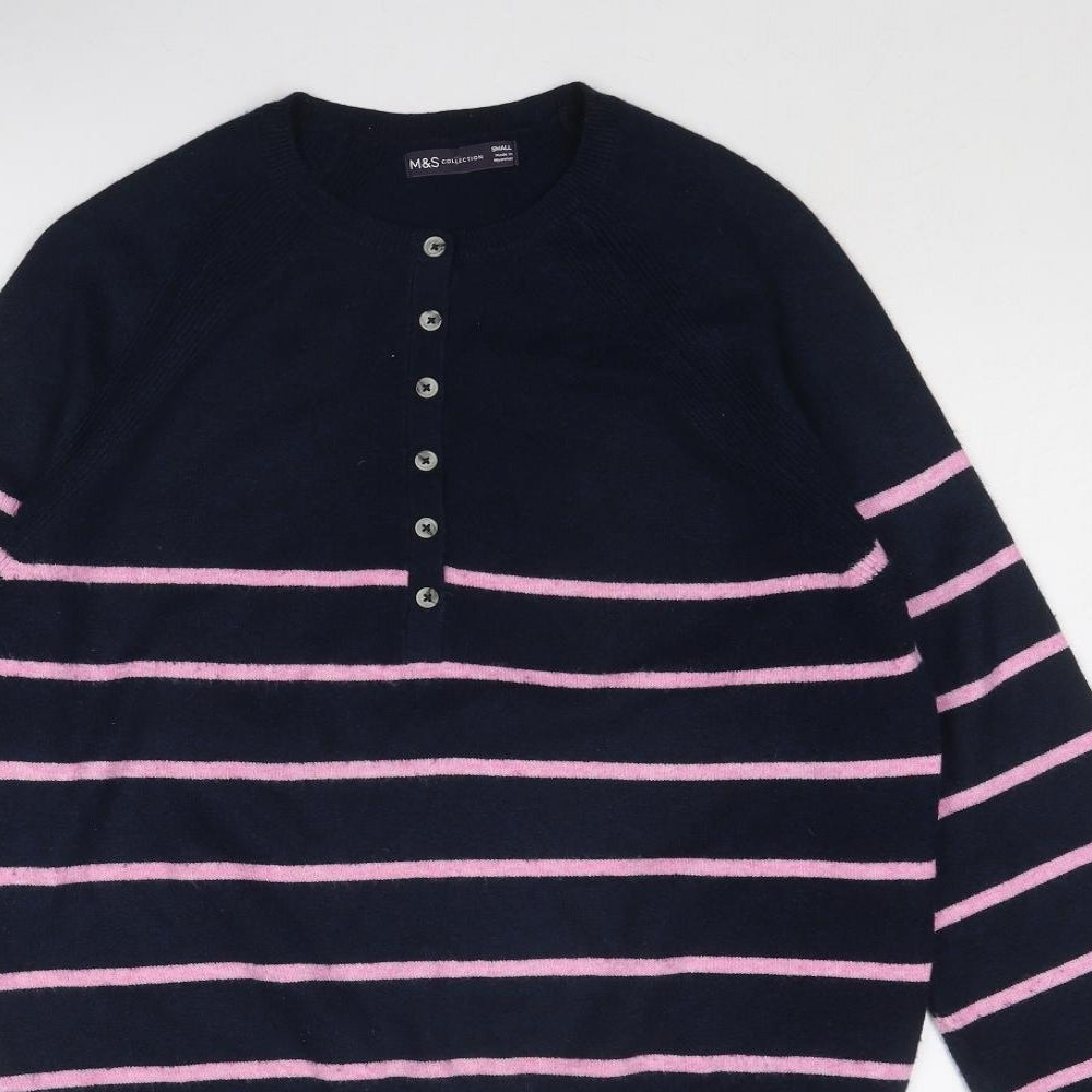 Marks and Spencer Womens Blue Round Neck Striped Polyester Pullover Jumper Size XS