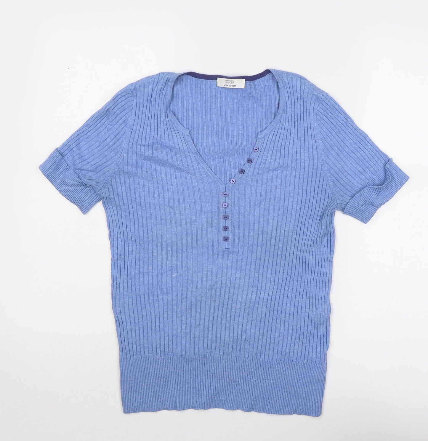 Marks and Spencer Womens Blue V-Neck Viscose Pullover Jumper Size 16