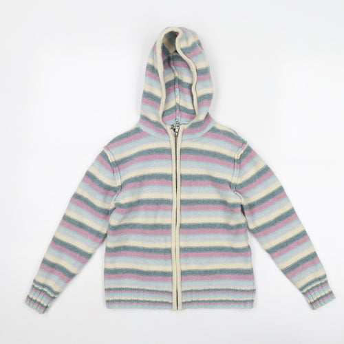 Fat Face Girls Multicoloured V-Neck Striped Wool Full Zip Jumper Size 6-7 Years Zip