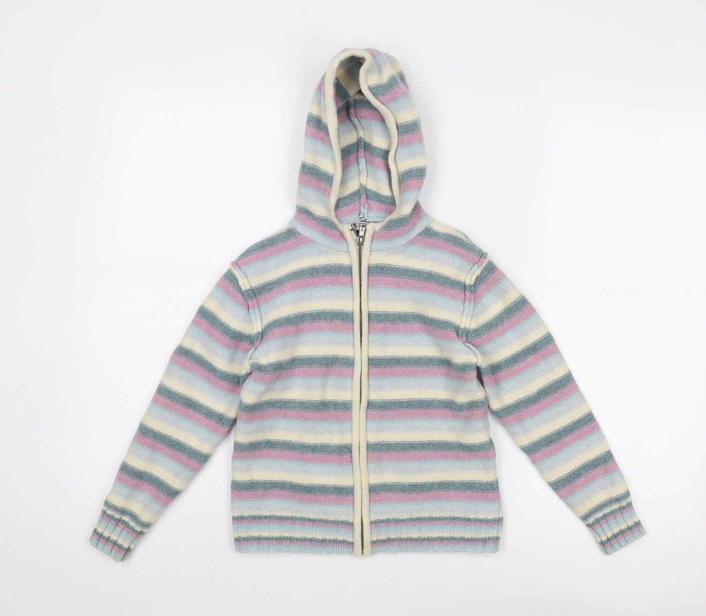 Fat Face Girls Multicoloured V-Neck Striped Wool Full Zip Jumper Size 6-7 Years Zip