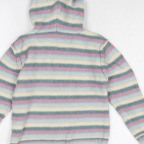 Fat Face Girls Multicoloured V-Neck Striped Wool Full Zip Jumper Size 6-7 Years Zip