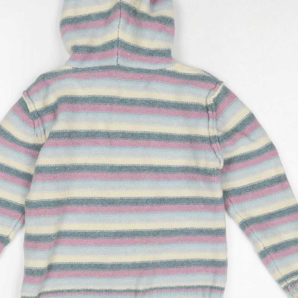 Fat Face Girls Multicoloured V-Neck Striped Wool Full Zip Jumper Size 6-7 Years Zip