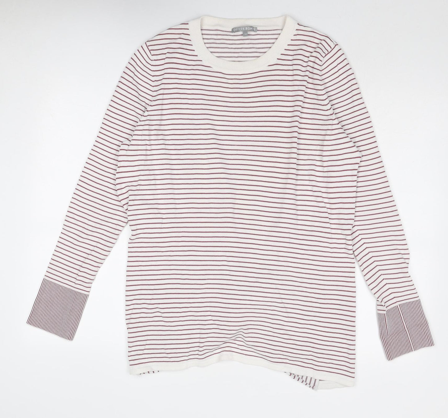 Oliver Bonas Womens White Round Neck Striped Viscose Pullover Jumper Size 14 - Knot Detail