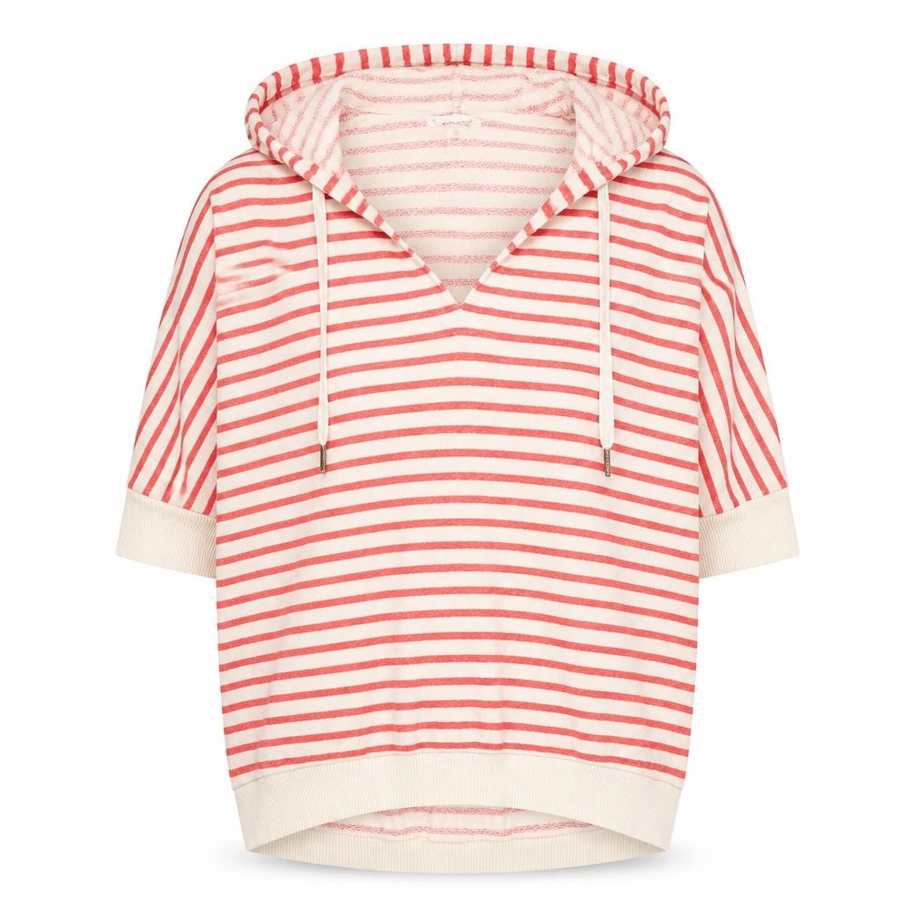 Front view of Witchery women’s beige striped cotton pullover hoodie, size M, pullover