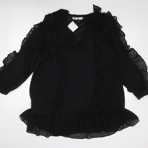 Zara Womens Black Polka Dot Polyester Skater Dress Size L V-Neck Pullover