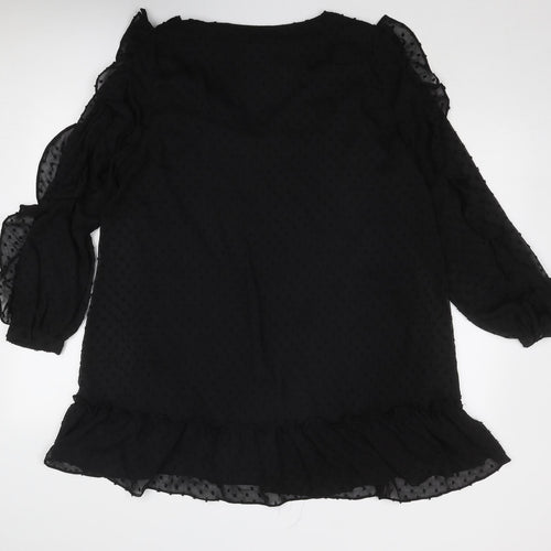 Zara Womens Black Polka Dot Polyester Skater Dress Size L V-Neck Pullover
