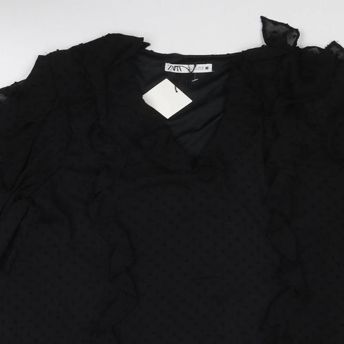 Zara Womens Black Polka Dot Polyester Skater Dress Size L V-Neck Pullover