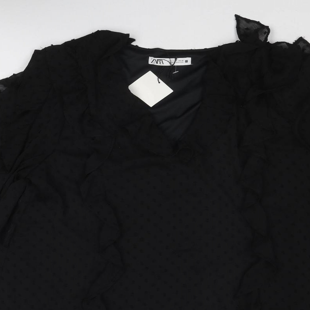 Zara Womens Black Polka Dot Polyester Skater Dress Size L V-Neck Pullover