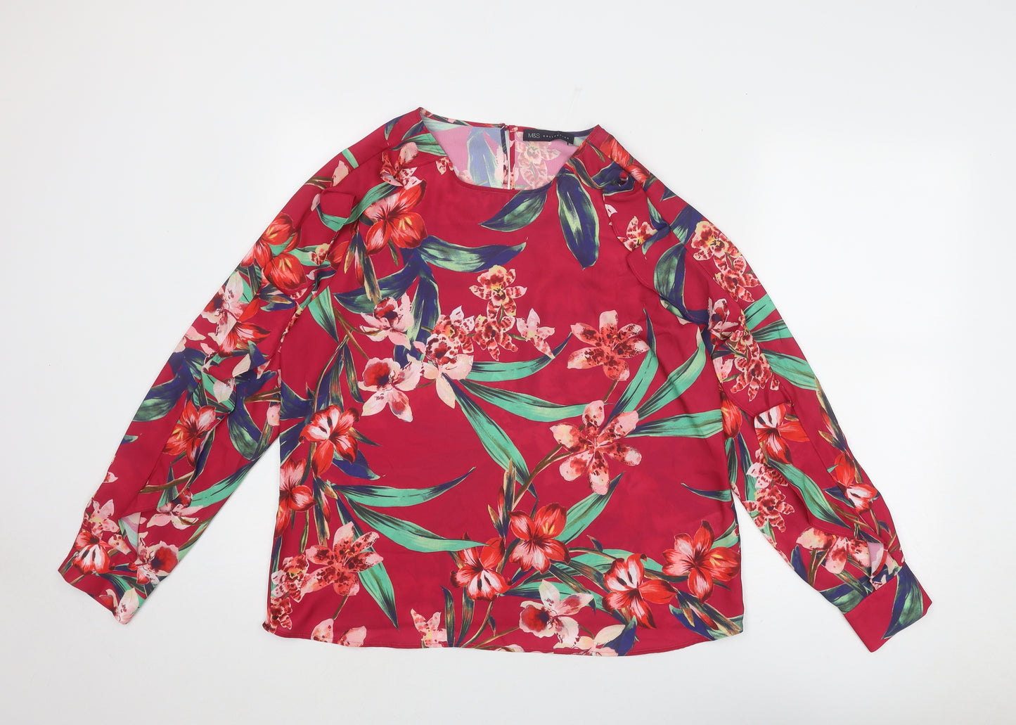 Marks and Spencer Womens Pink Floral Polyester Basic Blouse Size 14 Round Neck